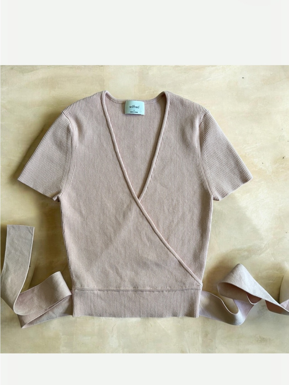 Wilfred Ribbed Wrap Top Pink Tie Waist V-Neck Cropped Fitted Size S